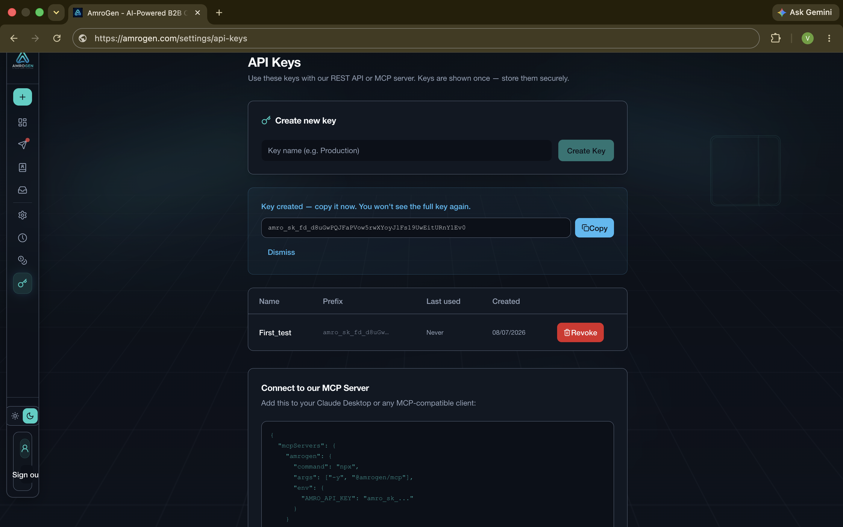 AmroGen API key management page