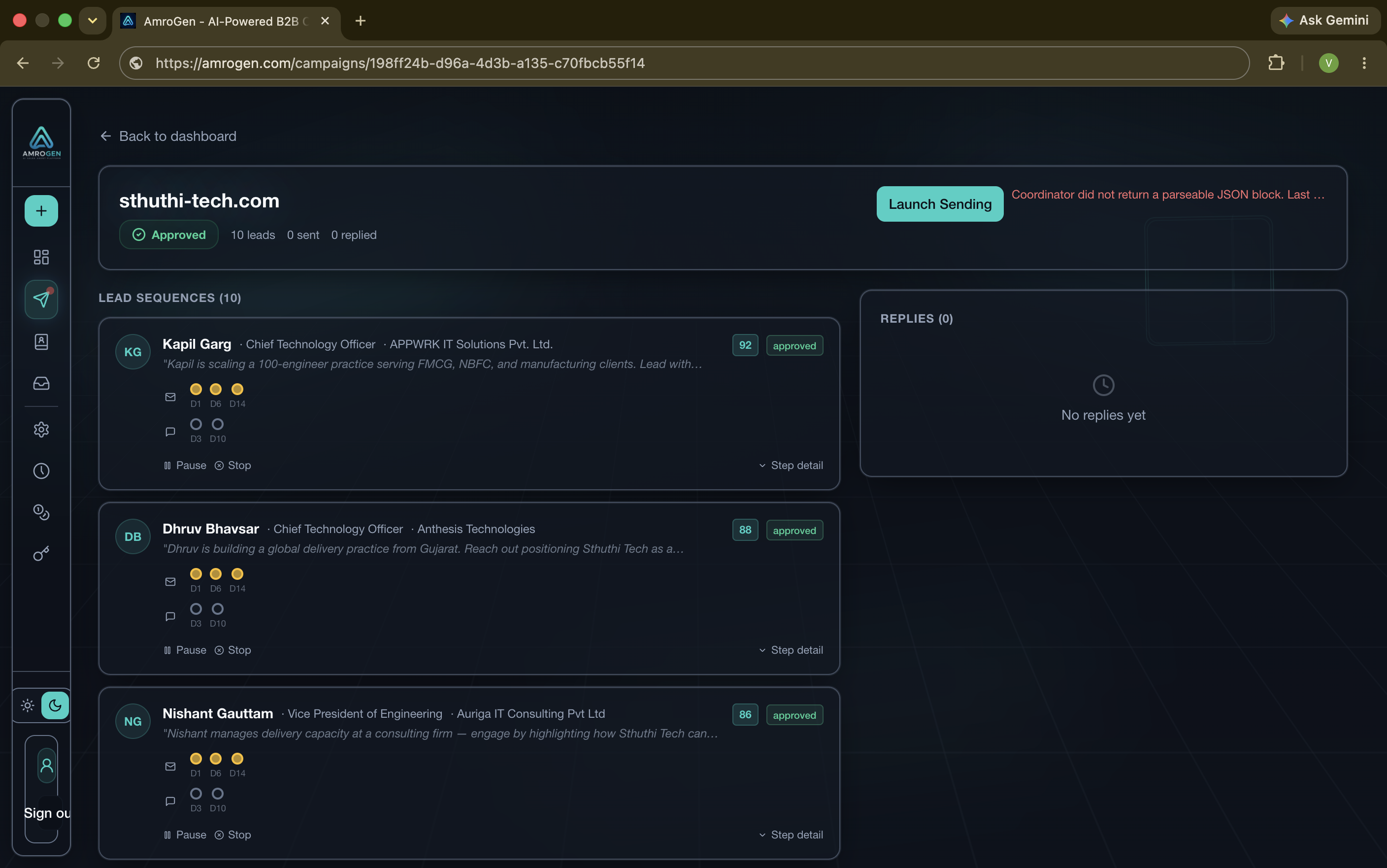 AmroGen campaign detail with sequence steps and leads