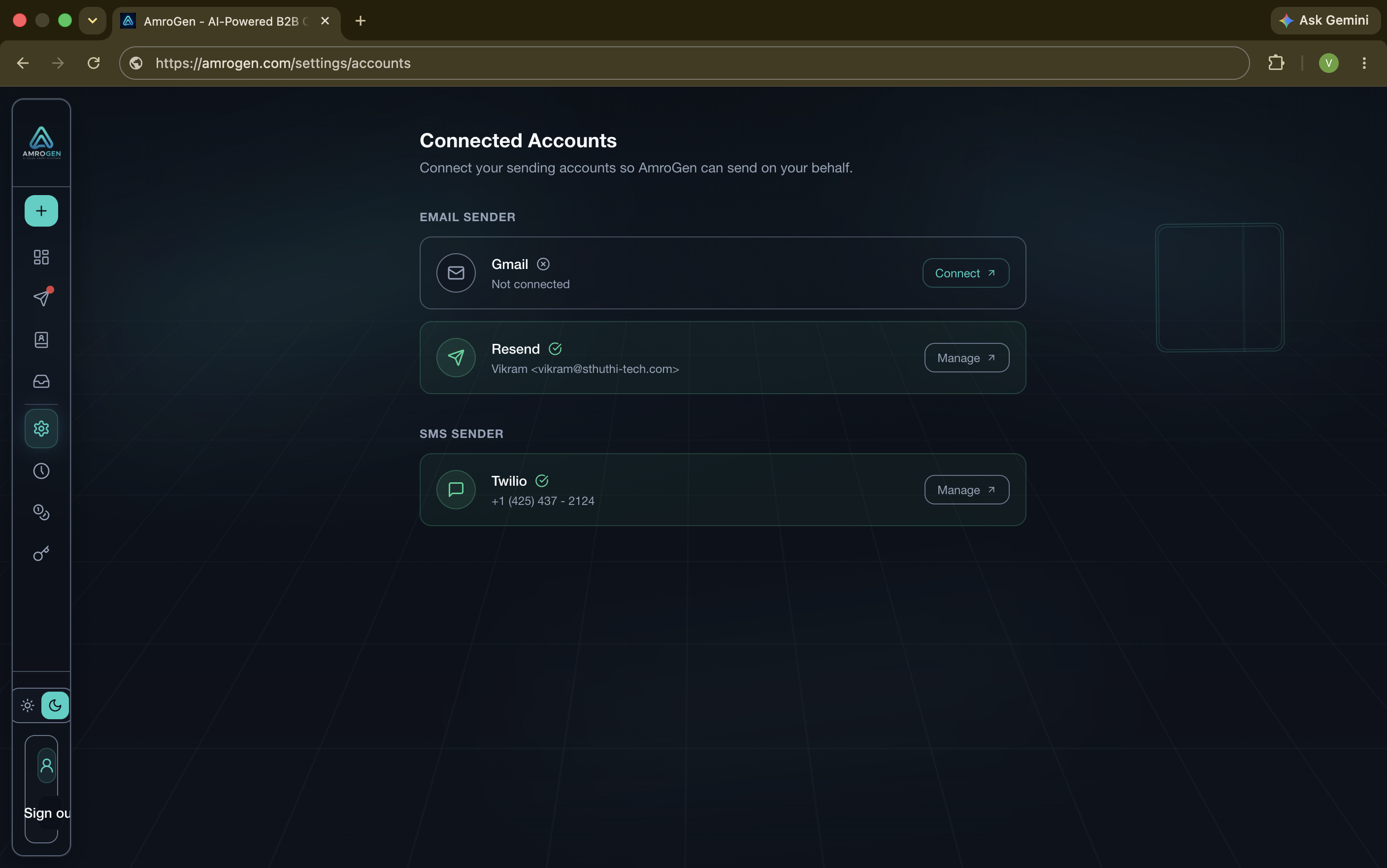 AmroGen email and sender connections settings