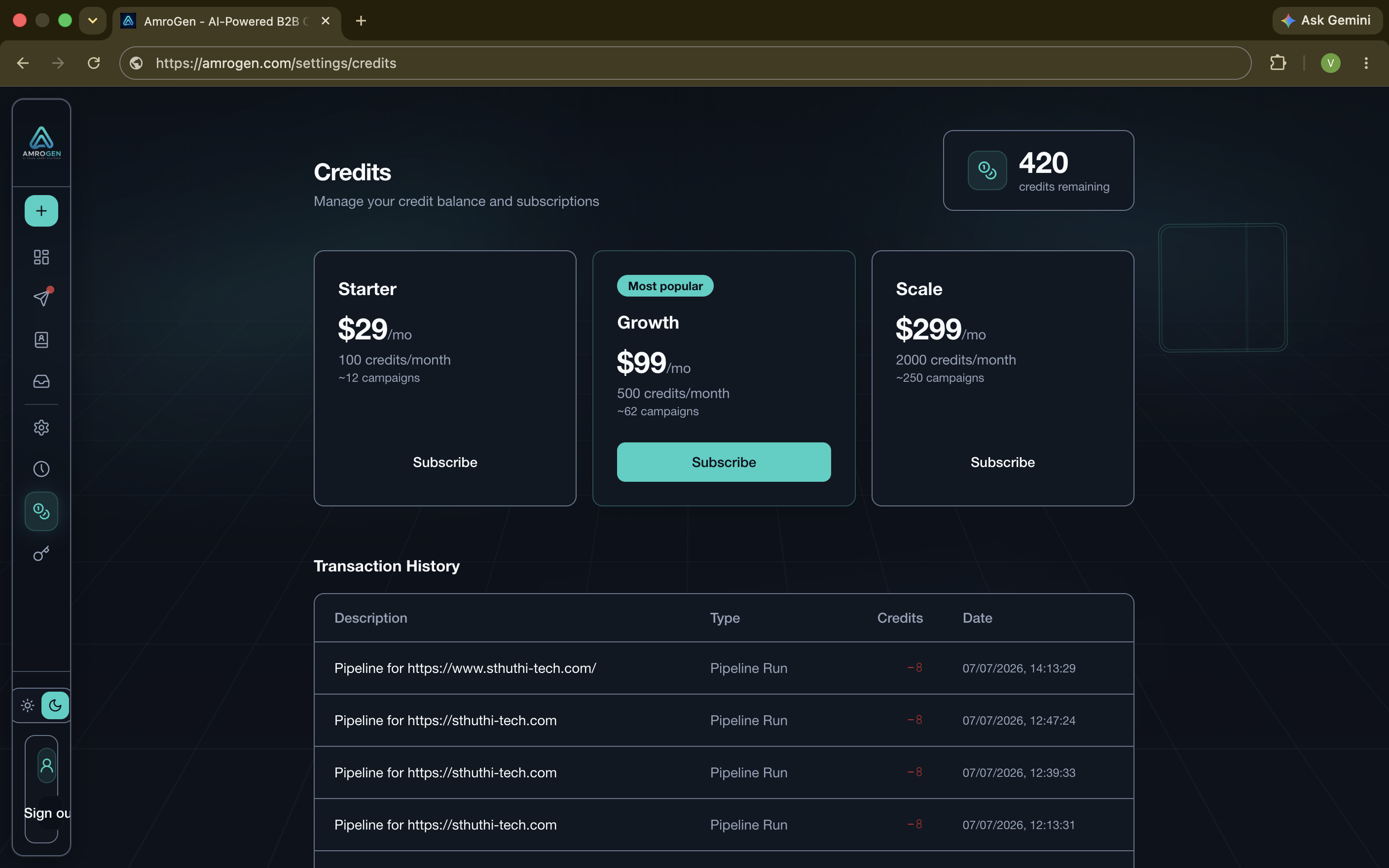 AmroGen credits and billing settings page