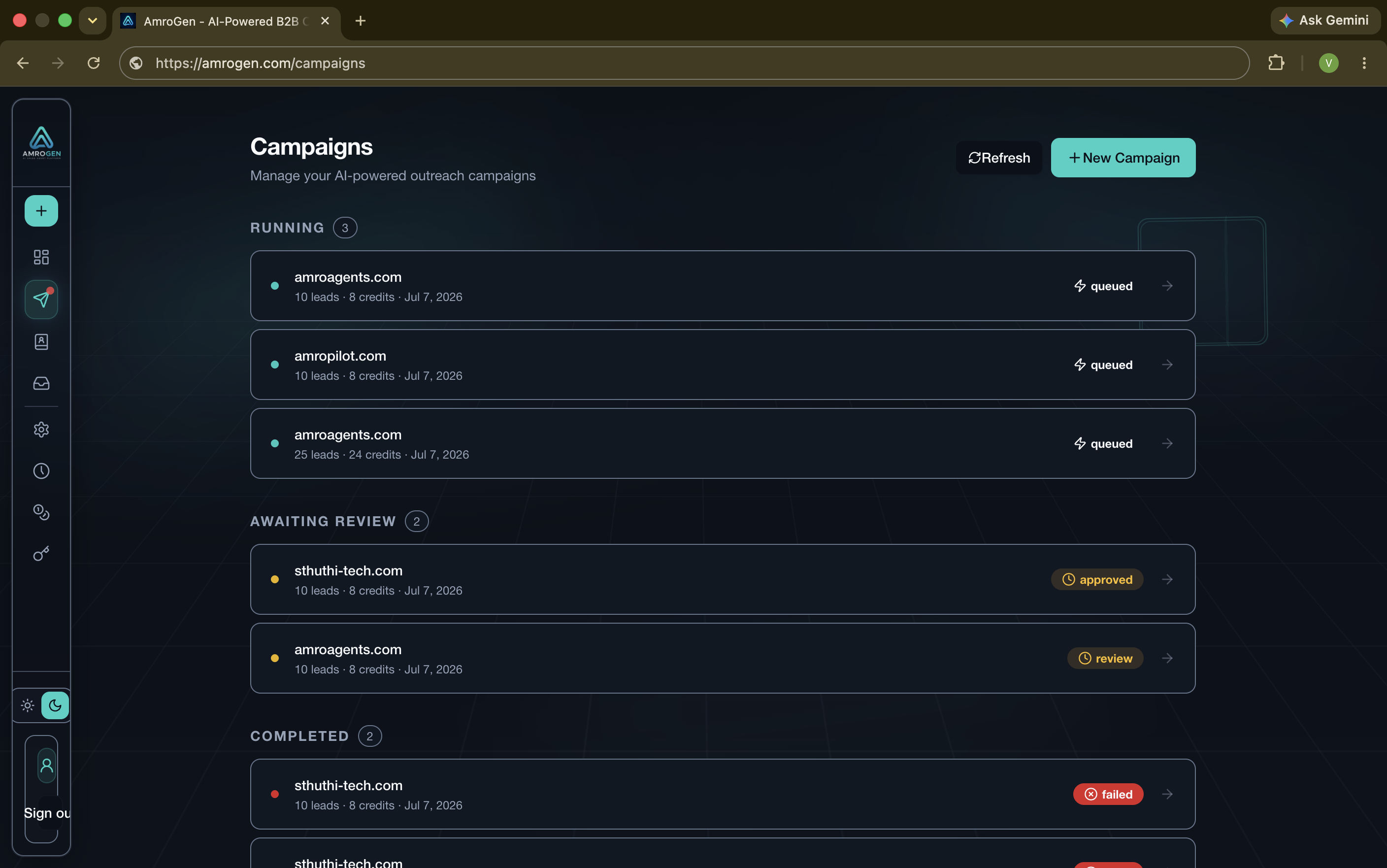 AmroGen campaigns list with status filters and actions