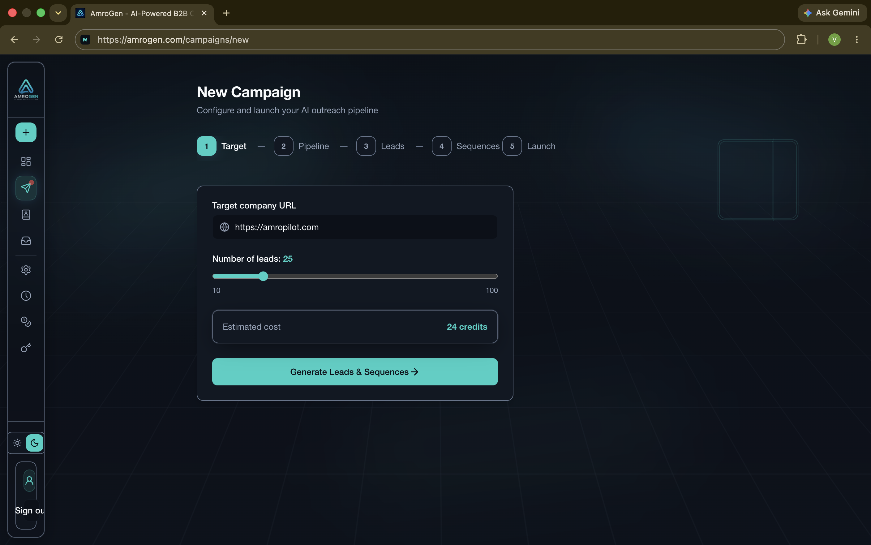 AmroGen new campaign form with audience brief and outreach settings