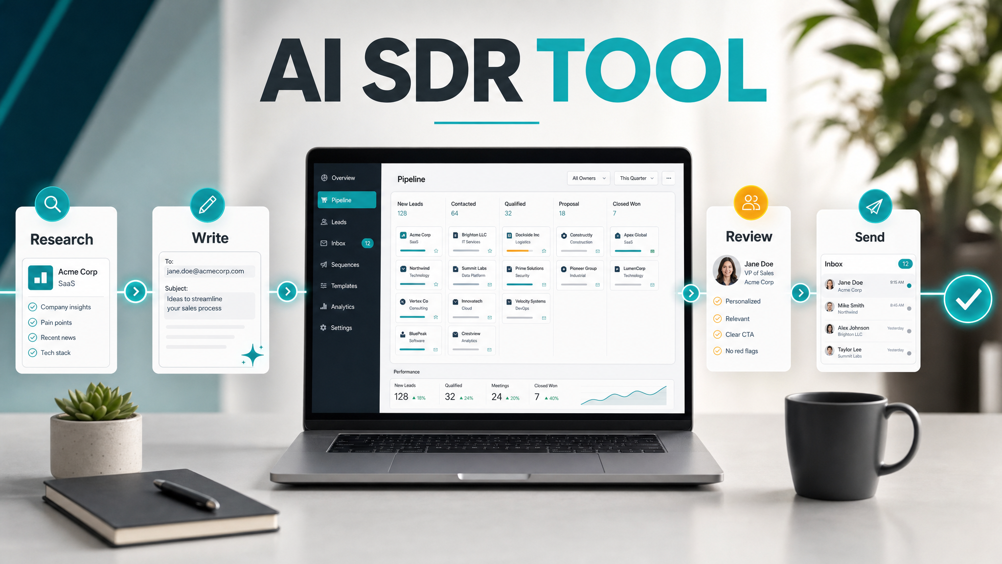 AI SDR tool workflow showing research, write, review, and send stages in AmroGen