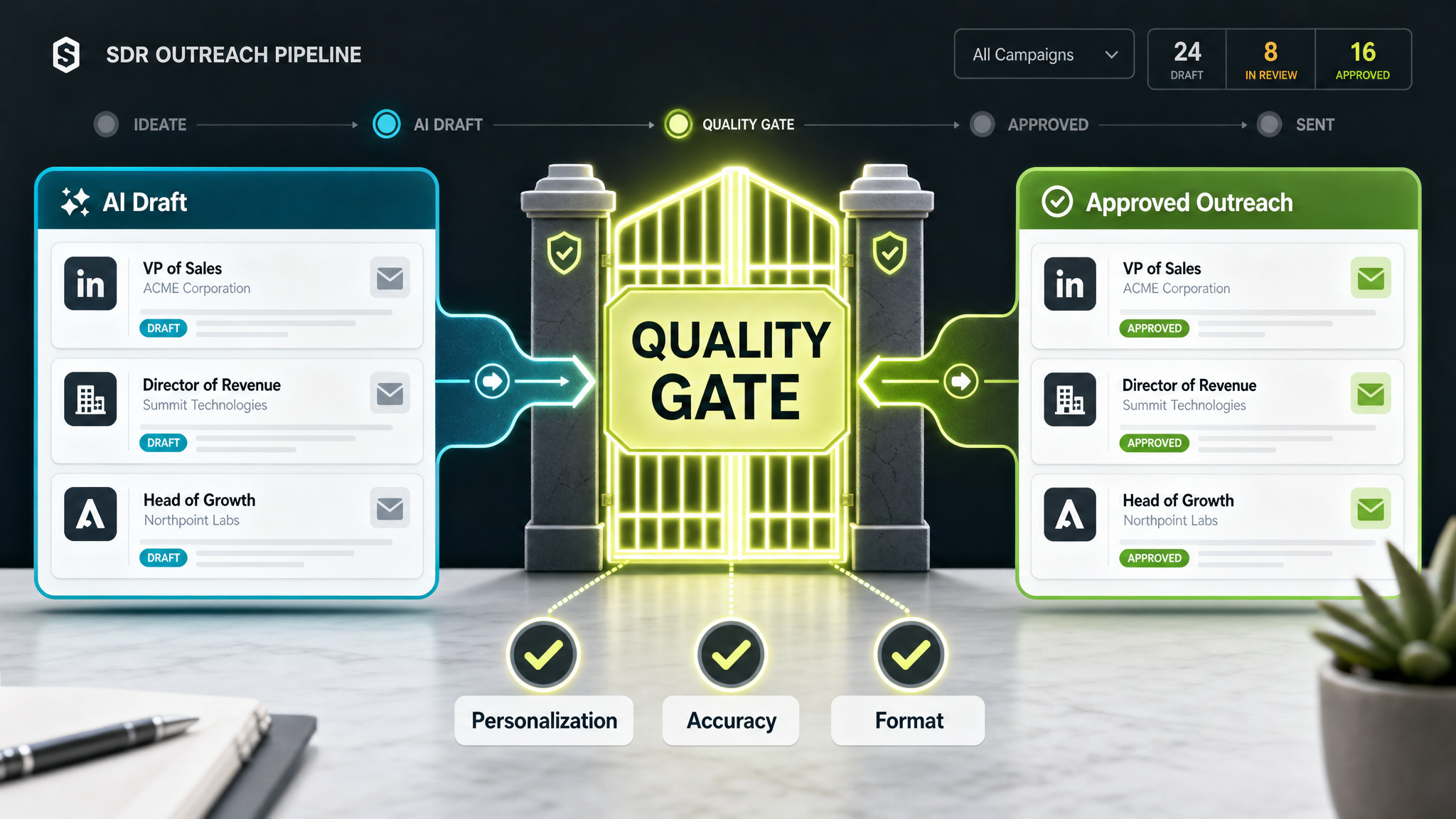AI SDR quality gate infographic showing AI draft review before approved outreach