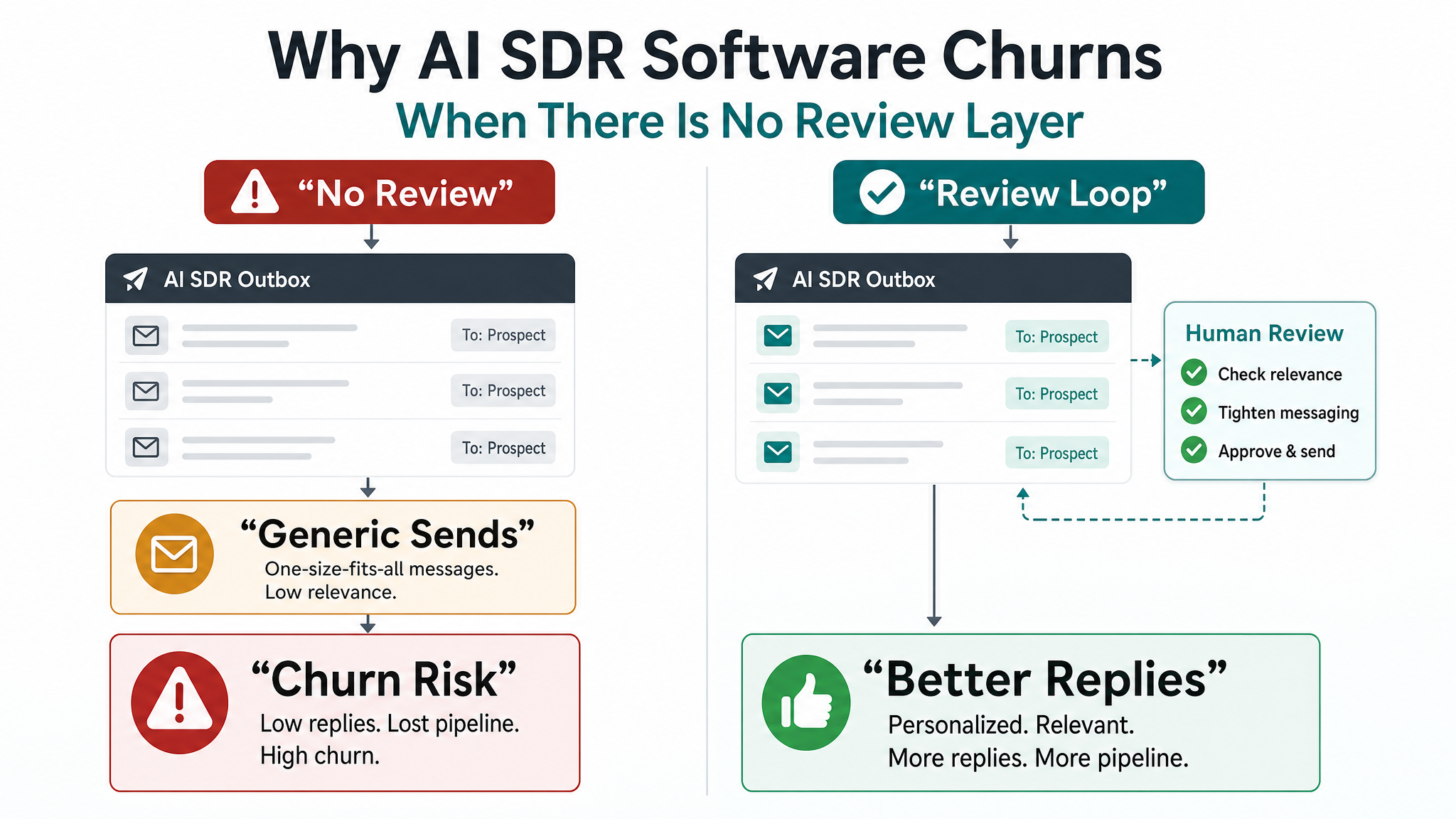 AI SDR software churn risk infographic comparing no review with a review loop