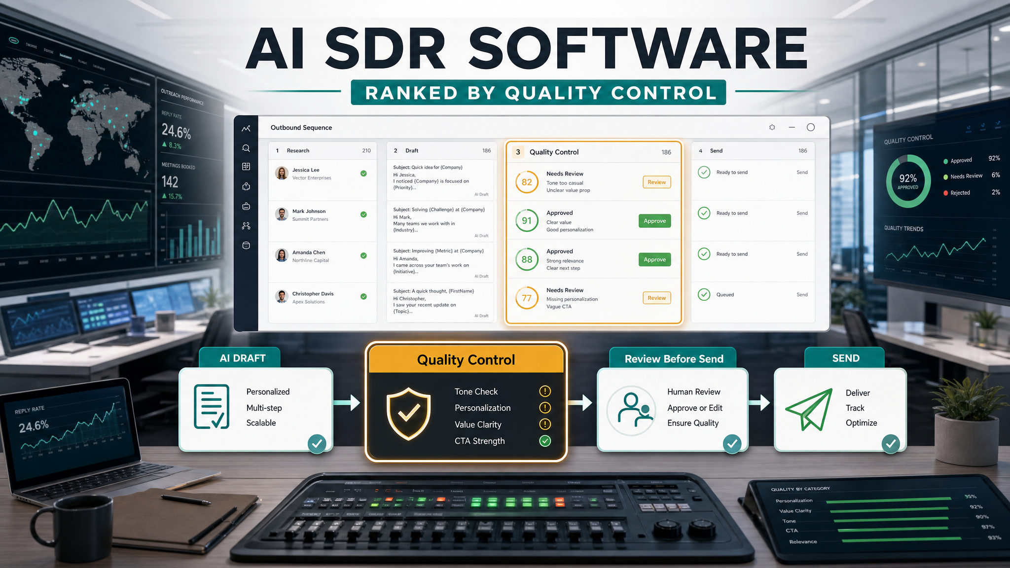 AI SDR software feature image showing quality control and review before send