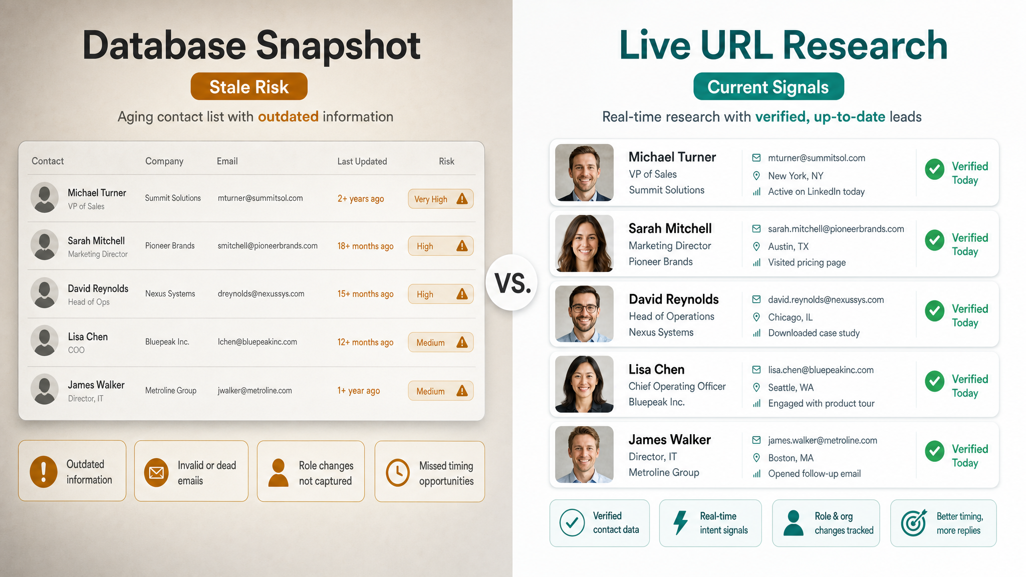 Database snapshot versus live URL research comparison for B2B lead generation freshness