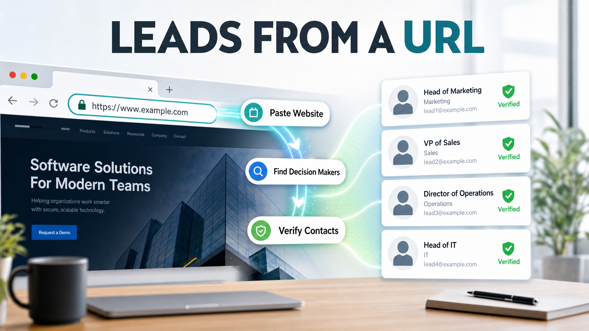 B2B lead generation from website URL feature image showing paste website, find decision makers, and verify contacts