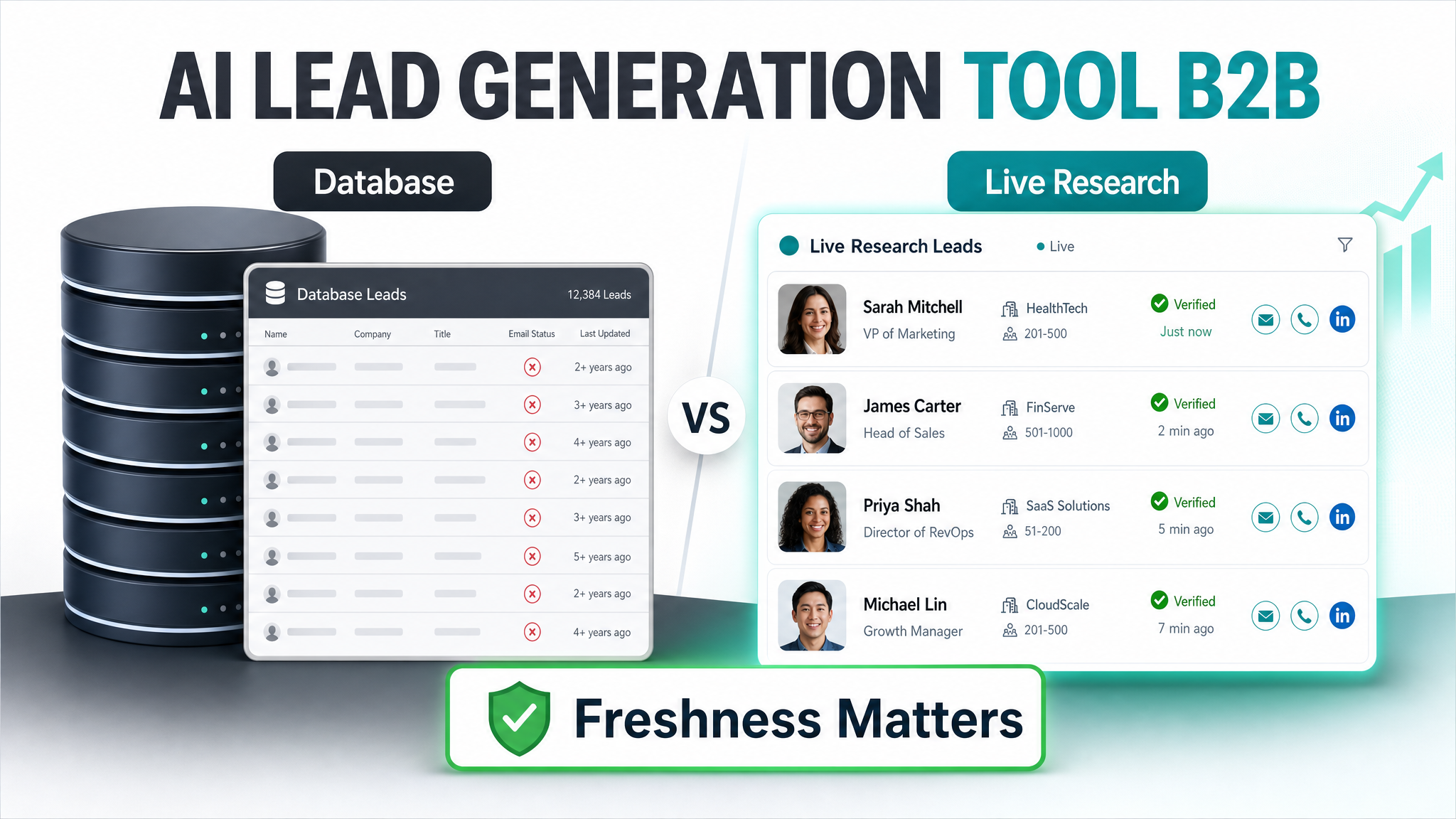 AI lead generation tool B2B comparison showing database tools versus live research and freshness matters