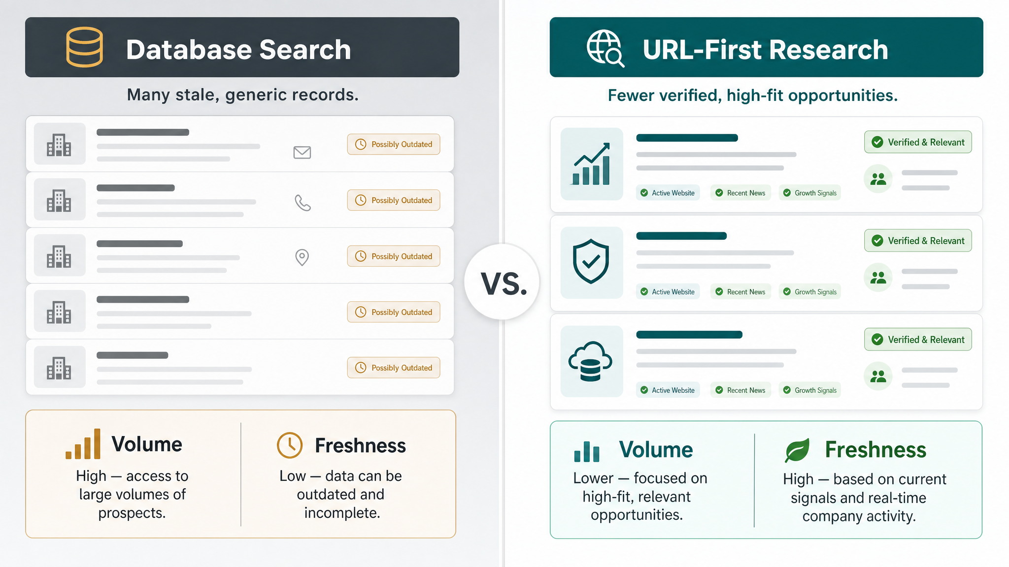 URL-first B2B prospecting compared with database search, showing freshness versus volume