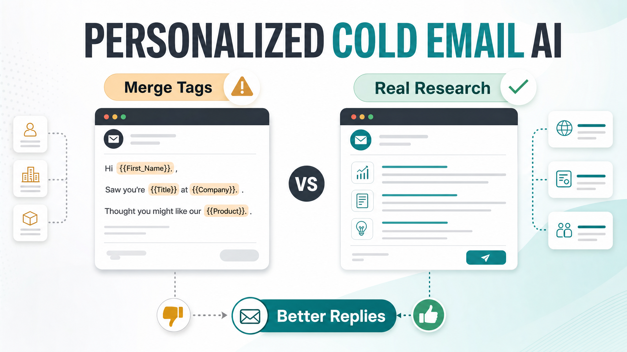 Personalized cold email AI comparison showing merge tags versus real research and better replies