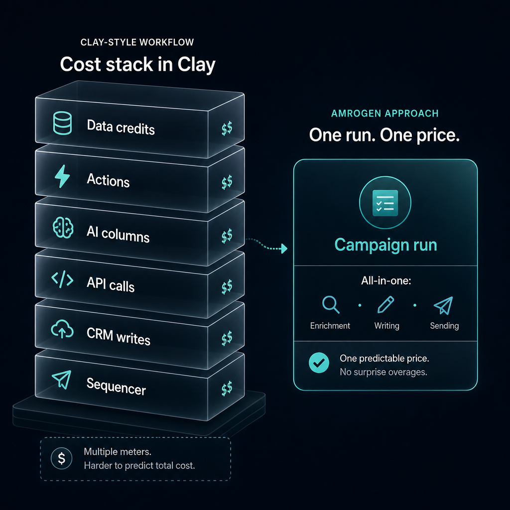 Clay pricing friction visual showing data credits, actions, AI columns, API calls, and CRM writes adding up