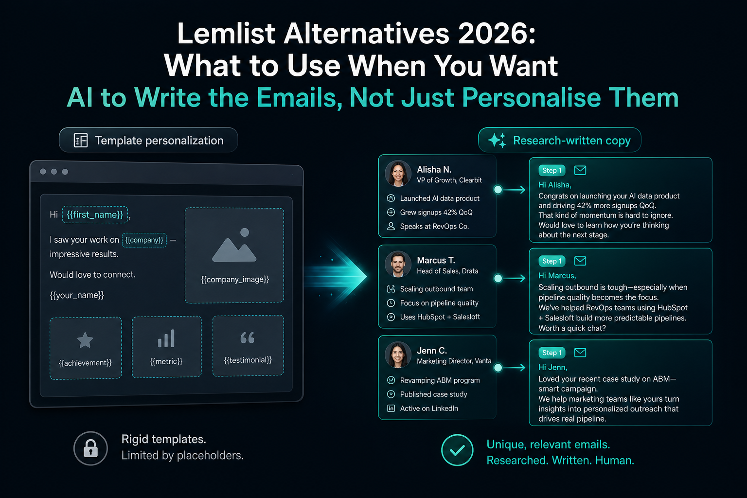 Lemlist alternative feature image comparing visual template personalization with AI-written research-first email sequences