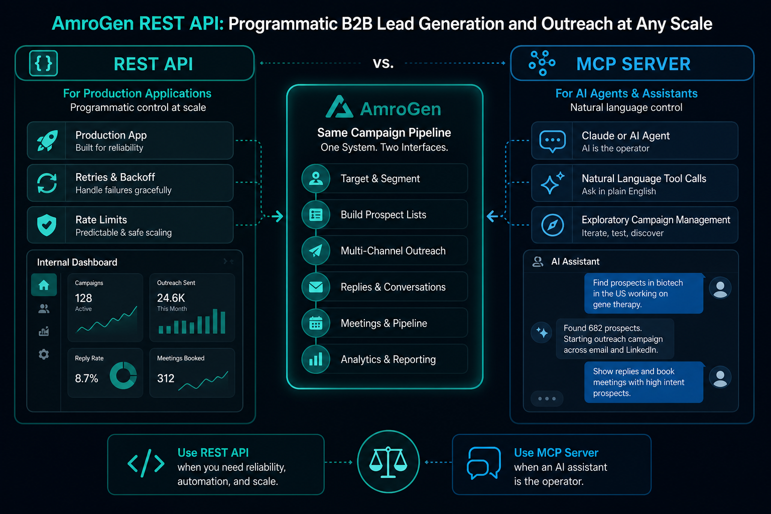 REST API versus MCP server decision visual for production apps and AI agent workflows