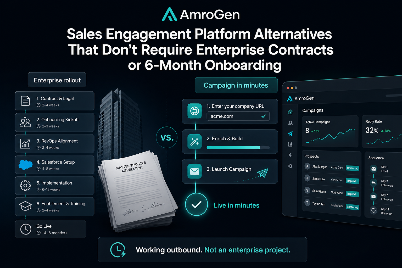 Sales engagement platform alternative feature image for founders and small teams avoiding enterprise onboarding