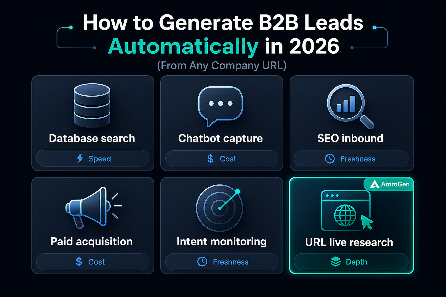 Six automated B2B lead generation methods map including database, chatbot, SEO, paid ads, intent signals, and URL research