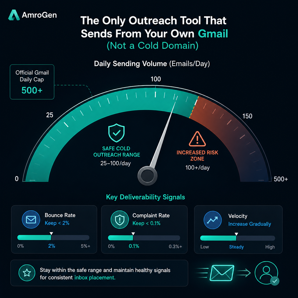 Gmail cold outreach safe sending limits visual showing official caps versus lower practical cold email volume