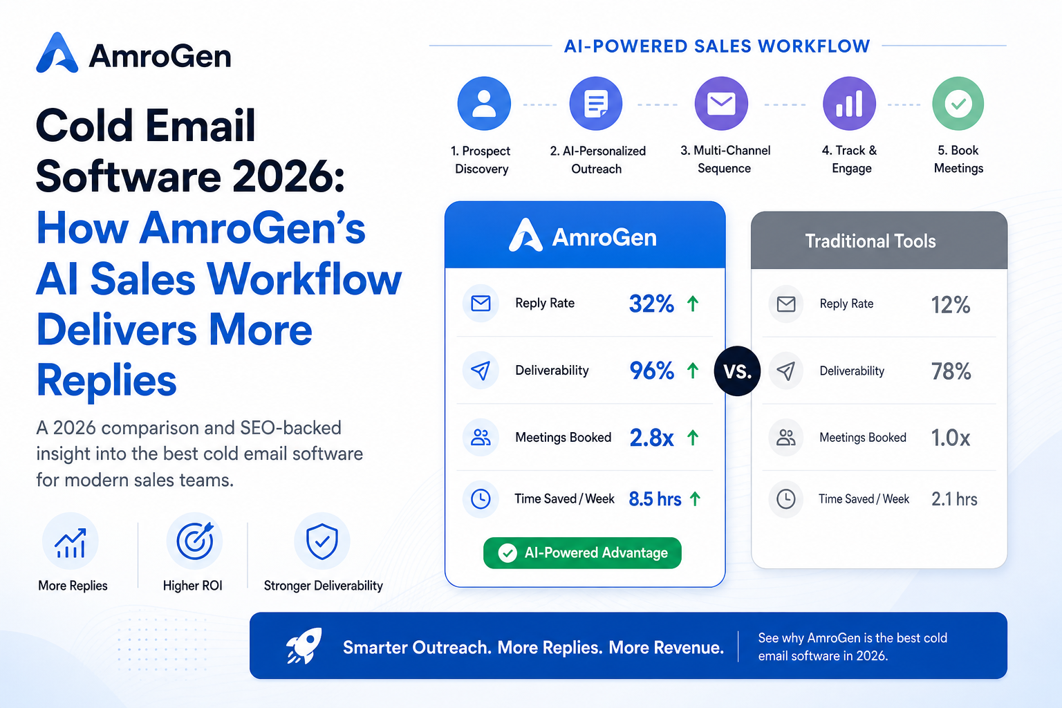 cold email software 2026 feature image showing AmroGen AI sales workflow and SEO comparison insight