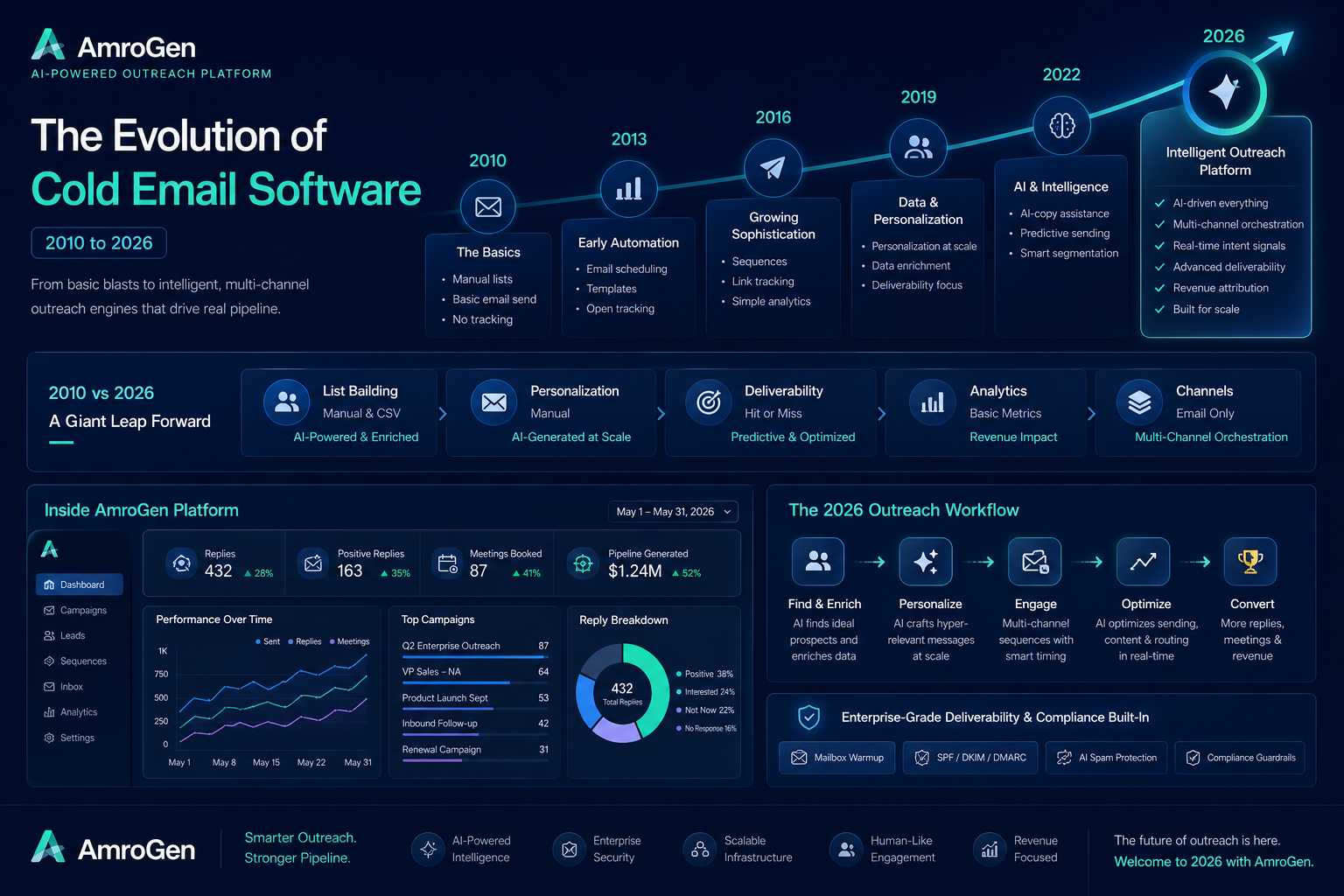 cold email software 2026 infographic explaining The Evolution of Cold Email Software (2010 to 2026)