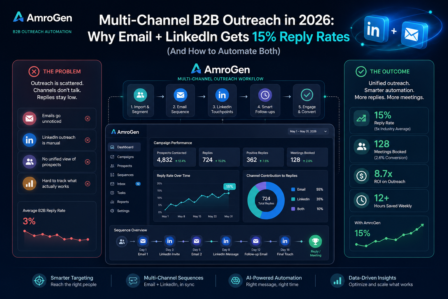 multi channel outreach tool b2b feature image showing AmroGen AI sales workflow and SEO comparison insight